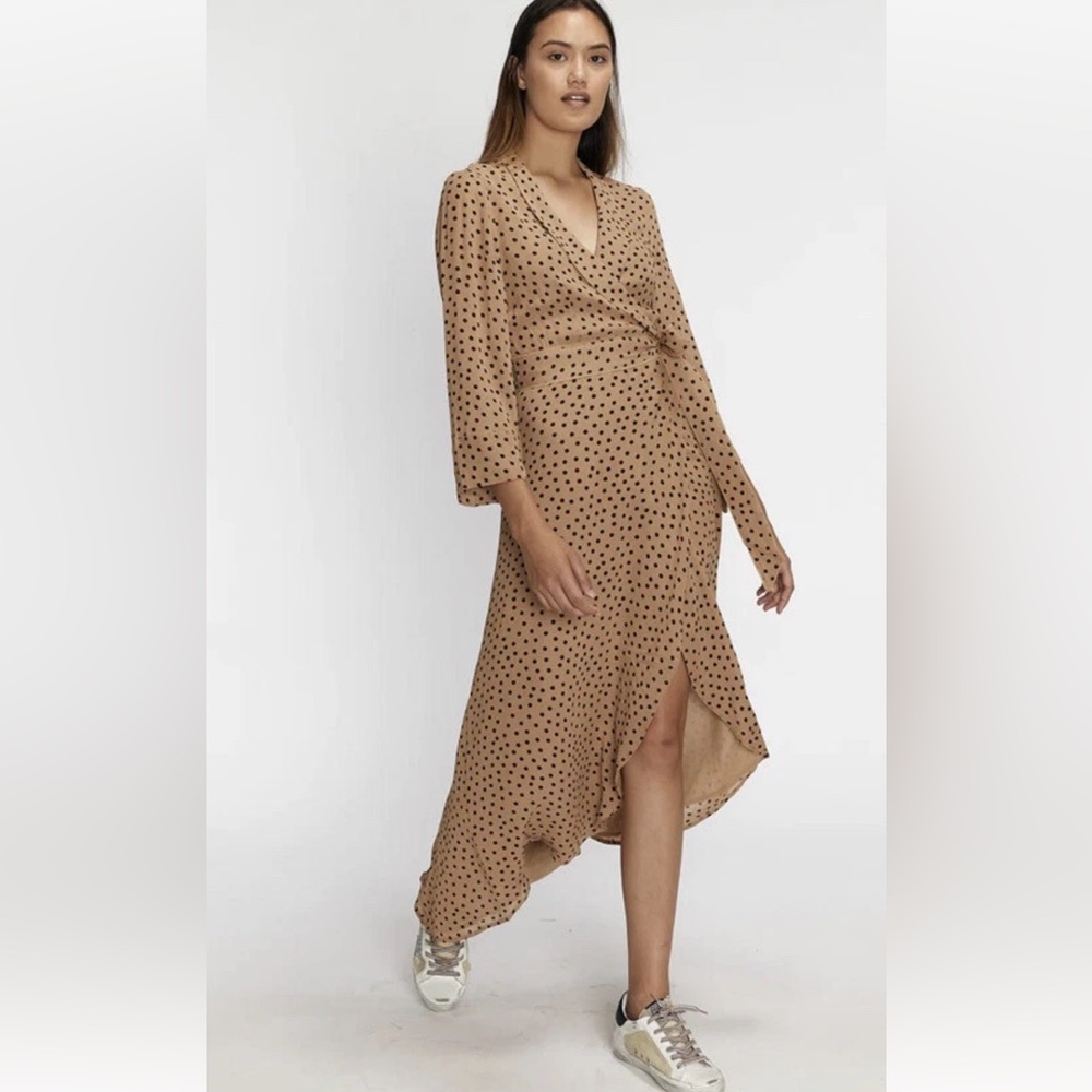 Ganni Polka Dot Asymmetric Georgette Wrap Dress Tan Black Size 36 4
